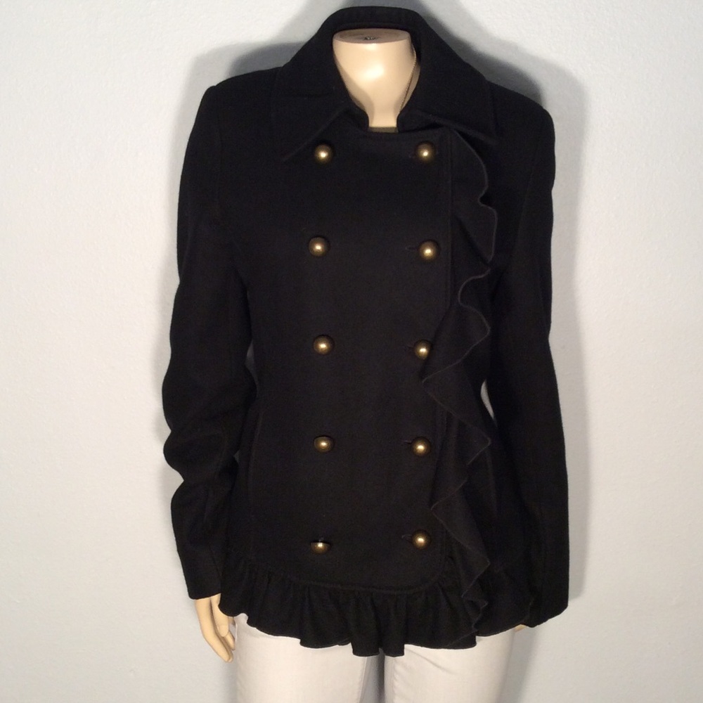 * DKNY black double breasted coat with ruffle trim